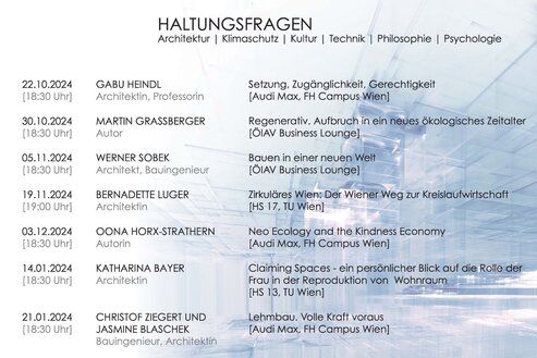 Green Building Lab Haltungsfragen Green Building Lab Zukunft Bauen Haltungsfragen Vortragsreihe, Gabu Heindl 22.10.24, Martin Grassberger 30.10.24, Werner Sobek 05.11.24, Bernadette Luger 19.11.24, Oona Horx-Strathern 03.12.24, Katharina Bayer 14.01.24, Christof Ziegert und Jasmine Blaschek 21.01.24